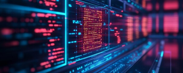 Quantum computing software lab, glowing holographic code, advanced virtual setup