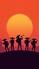 Fototapeta premium mariachi, band, silhouette, sunset, music, instruments, trumpet, guitar, culture, celebration, traditional, vibrant, landscape, performance, group, people, joy, Mexican, harmony, evening, entertainmen