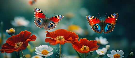 Fototapeta premium Colorful butterflies flutter over vibrant flowers in a serene, natural setting, creating a beautiful depiction of nature's artistry and harmony.