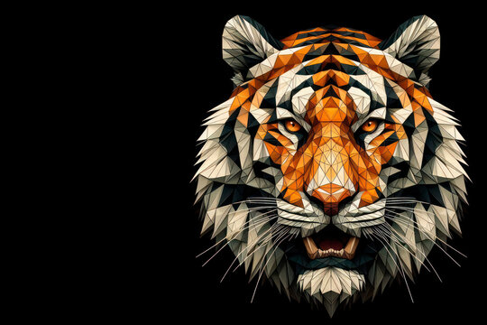 Polygonal tiger on a black background. Space for text.