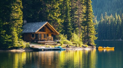 Fototapeta premium A serene lakeside retreat with wooden cabins and kayaks on the shore, symbolizing tranquility and outdoor recreation in a natural setting, Lakeside scene