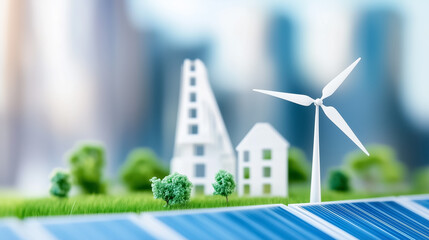 Renewable energy technologies feature prominently in a high-tech cityscape filled with greenery and innovative design