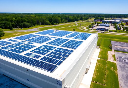 Aerial view of a large-scale data center powered by sustainable energy with solar panels on the roof, surrounded by greenery. 