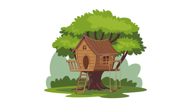 recommend clip art: Tree house, cartoon wooden treehouse or hut for children fun games. Cabin or hovel with ladder, swing and windows isolated on white background. Summer bungalow for kids, Vector illustration, set