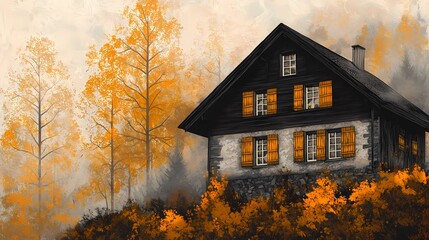 Misty autumn morning in a rural village, with vibrant fall trees and fog covering the houses, ideal for tranquil countryside visuals.