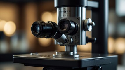 A close-up of the sophisticated microscope, showing its intricate design and precision engineering. The silver body of the microscope is adorned with dials, knobs, and lenses.