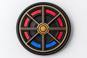 Roulette wheel design with colorful segments on a white isolated background.
