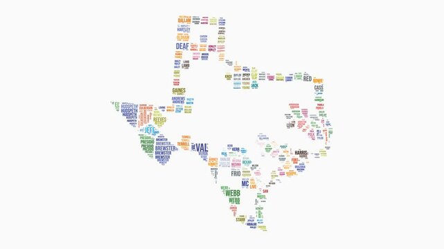 Texas counties word cloud animation. State logo animated video. Texas colored text cloud. Counties typography style motion graphics. Stylish video.