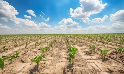 Agricultural field with sugar beet crops suffering from drought and heat stress