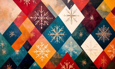 Colorful abstract geometric Christmas wallpaper featuring snowflakes and diamond patterns in a festive arrangement