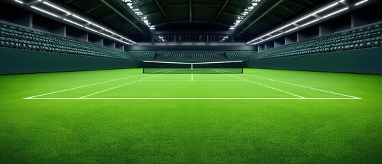 Fototapeta premium Spectacular indoor tennis court with vibrant green turf and bright lighting.