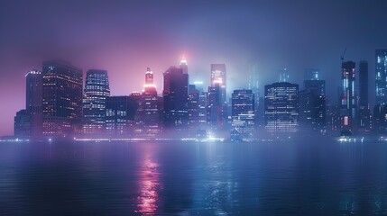 Fototapeta premium A foggy night in New York City with the skyline partially obscured, the lights of the skyscrapers glowing softly through the mist, creating a mysterious and serene scene