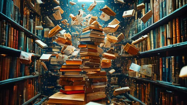 Floating open book among stacks of vintage books, with magical glowing dust particles in the air. Enchanted library scene with an old-world charm