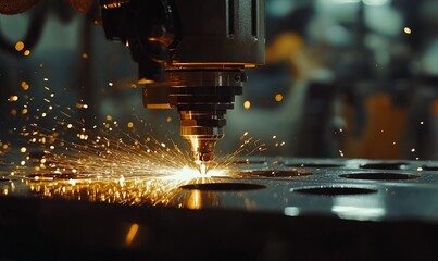 CNC Machine Cutting Metal with Bright Sparks in Industrial Workshop