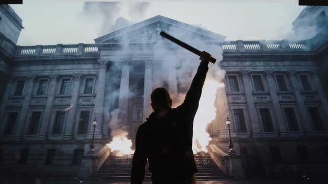 Silhouetted Man Standing Before Historic Building With Smoke And Fire Revolution Protest Authority