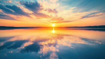 Fototapeta premium A serene sunset over a tranquil lake with reflections of colorful clouds, Nature contemplation theme, Peaceful style
