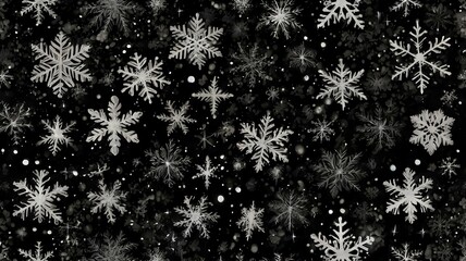 Seamless Winter Snowflake Pattern: Falling White Snowflakes on a Black Background for Holiday and Seasonal Designs
