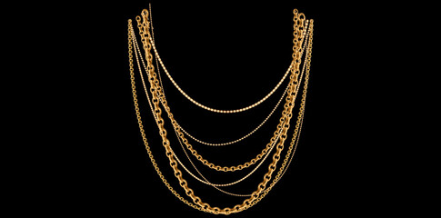 Multilayer Trendy Gold Chains Necklace On Black Background, Unique Fine Jewelry Vector Illustration.	