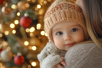 A mother and her baby smile warmly while dressed in matching cozy knit hats and sweaters, standing in front of a beautifully lit Christmas tree.
