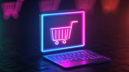 A glowing laptop displays a neon shopping cart, representing online shopping and digital commerce in a vibrant, futuristic setting.