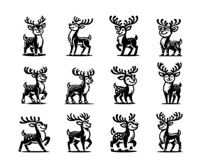 Fototapeta premium A set of cheerful reindeer silhouette cartoon vector illustrations, isolated on a white and transparent background.