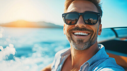 Man motorboat and sea travel with cruise summer leisure and vacation driving holiday, nautical speedboat with adventure sailing recreation
