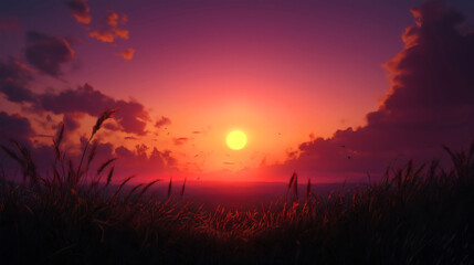 Fototapeta premium Beautiful sunset landscape over a rural wheat field in summer, showcasing vibrant colors in the sky as the farm crops prepared for harvest, celebrating the agricultural cycle and countryside farmland
