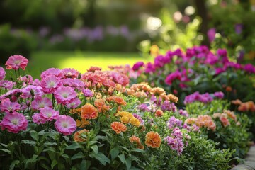 A blooming garden with vibrant flowers, illustrating the quiet affection between nature and life, warm color palette, intricate floral details, symmetrical composition