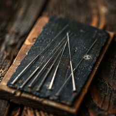 Acupuncture Needles Closeup, Alternative Chinese Medicine, Board with Acupuncture Needles on Dark