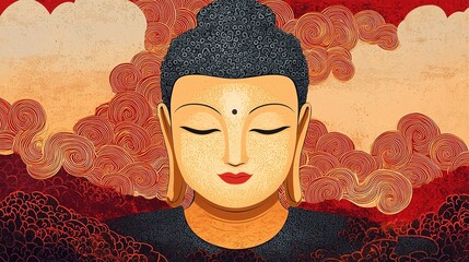 A serene depiction of Buddha, showcasing peaceful expressions against a backdrop of warm colors, symbolizing tranquility and enlightenment.