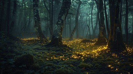 Fototapeta premium A forest where the ground is covered in glowing moss, lighting up the trees in an eerie glow