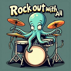 Cartoon Octopus Drummer Design Rock Out with All 8 Arms