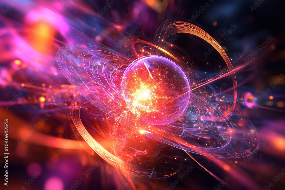 Poster the visualization shows vibrant colors and patterns of quantum computing elements and energy interac