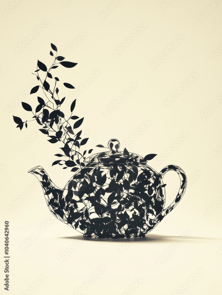 Poster this artwork features a silhouetted teapot that seamlessly merges into an abstract design of tea lea