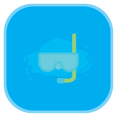 Flat vector illustration of a blue and yellow snorkeling mask on a bright blue background, perfect for summer and underwater exploration themes