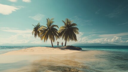 Fototapeta premium Tropical Island with Palm Trees Surrounded by Calm Ocean Waters 