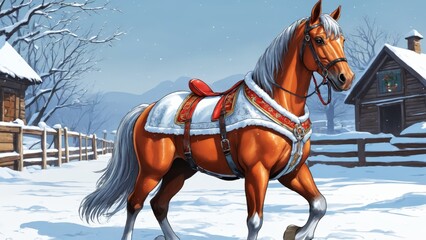 A majestic horse adorned in festive winter attire stands proudly in a snowy landscape