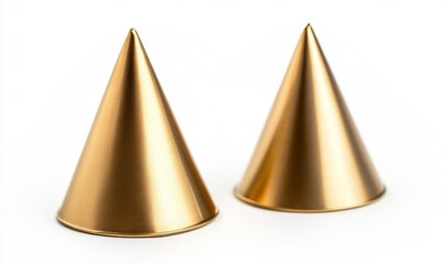 Two gold cone shaped party hats are placed on a white background