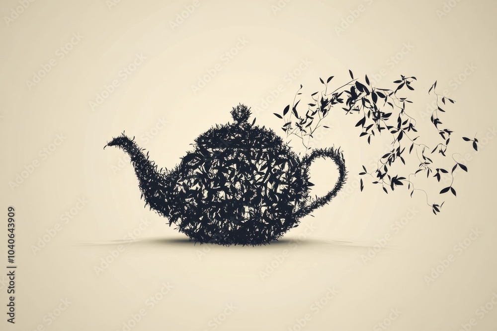 Poster the design features a teapot silhouette dissolving into delicate tea leaves, symbolizing the transit