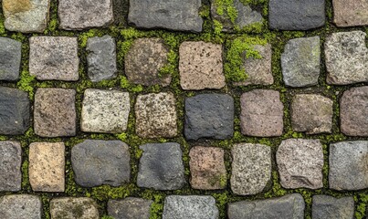 Obraz premium Close up of pavement with green moss between bricks Geometric patterns in natural and urban settings