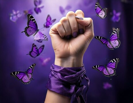 PU&Ntilde;O en alto, dia internacional de la mujer, pa&ntilde;uelo morado