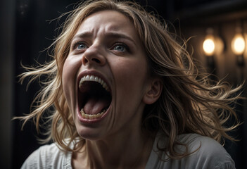 white woman screaming emotionally with horror on her face dark cinematic light