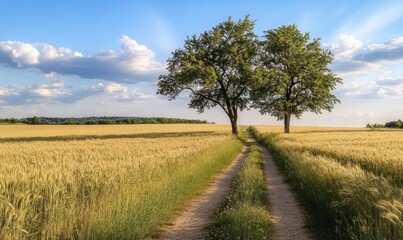 Tracks through a wheat field leading to a row of mulberry trees