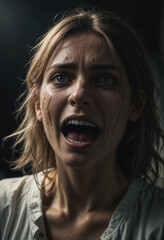 white woman screaming emotionally with horror on her face dark cinematic light