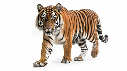 Fototapeta premium prowling tiger. A powerful image of a tiger in motion, its fierce gaze highlighted by a clean, light background.