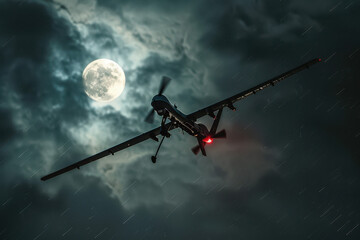 A small military drone flying in the rainy sky, with the moon visible below it against a rainy sky. 