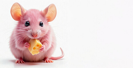 A small pink mouse with big, round ears, holding a piece of cheese with a cute, curious expression.