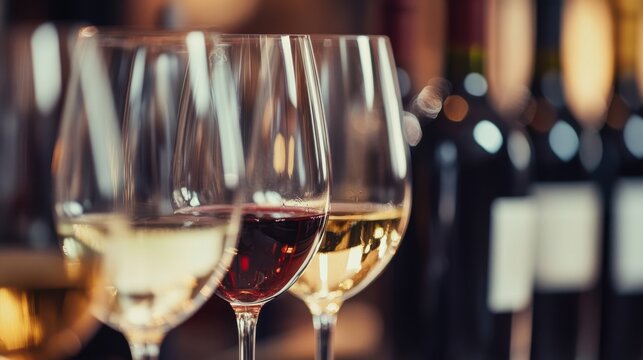 A sophisticated wine tasting event with glasses and bottles, Wine appreciation theme, Elegant style