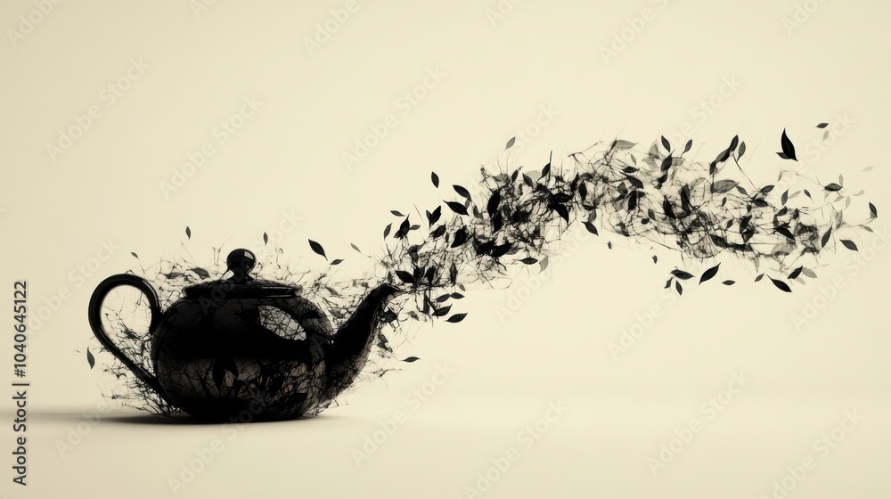 Fototapete a teapot intricately morphs into flowing tea leaves, symbolizing the blend of art and nature in a ca