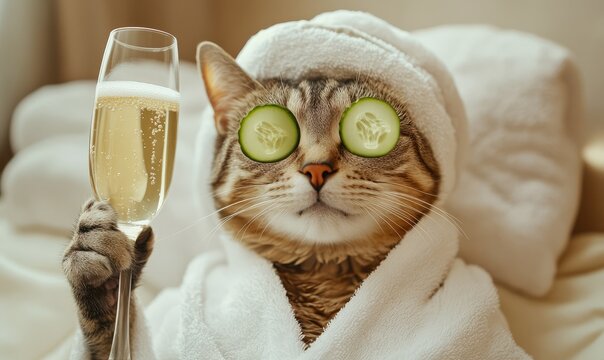 Cat relaxing in spa with cucumber slices on eyes holding a glass of champagne. Cute cat in a bathrobe and turban on spa treatments after bath.